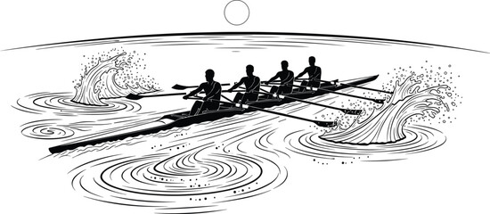 Rowing Team Icon Set Featuring Four Rowers in Action with Waves and Water Splashes in a Minimalist Line Art Style © MdSaddam