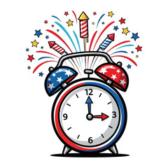 Independence Day alarm clock with fireworks and rockets vector illustration for American patriotic celebration countdown © Sahabat