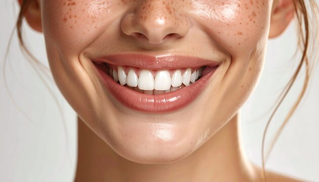A woman's face smiling, showcasing her teeth and freckles