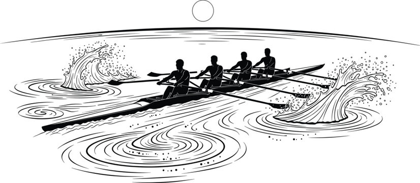 Rowing Team Icon Set Featuring Four Rowers in Action with Waves and Water Splashes in a Minimalist Line Art Style