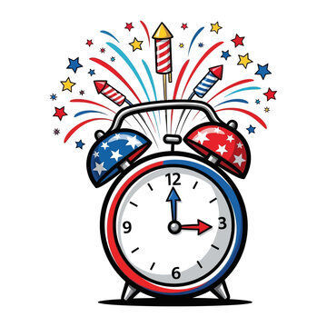 Independence Day alarm clock with fireworks and rockets vector illustration for American patriotic celebration countdown