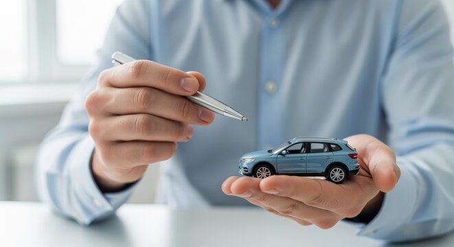 Expert insurance agent offers car insurance coverage with a miniature car in hand