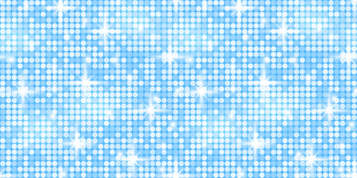Disco blue sequin bg glitter texture for backdrop glam. Dance pattern with ball party seamless for mosaic retro sparkle. Vector disco iridescent background