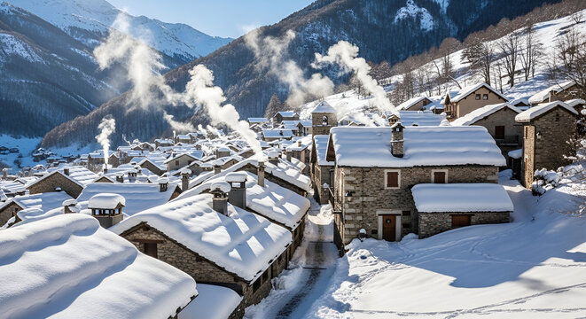 Winter morning in Benasque mountain village with smoking chimneys