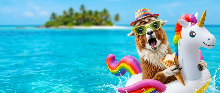 Funny llama with ice cream on unicorn inflatable float in tropical ocean with island and copy space. Summer banner or header design 
