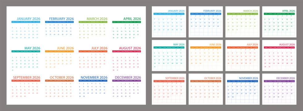 Calendar 2026 year, schedule month calender, American organizer template. Week starts on Sunday. Business personal page. Modern simple dairy for USA. Vector illustration