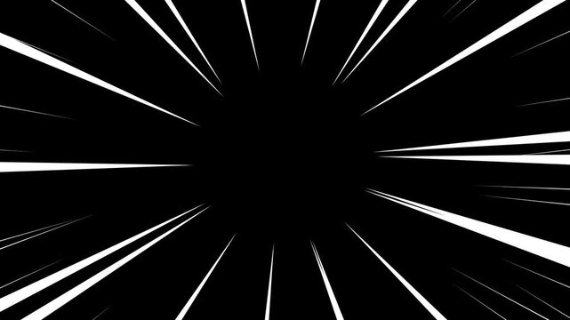 Anime speed line animation. White speed lines isolated on black background. Anime comic book effects action. Anime speed line moves attack effects explosion of light.