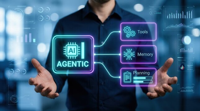 Man presenting an AI Agentic Framework illustration with tools, memory, and planning modules.