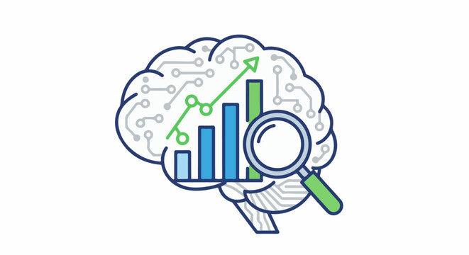 Stylized brain graphic with chart and magnifying glass, symbolizing data analysis