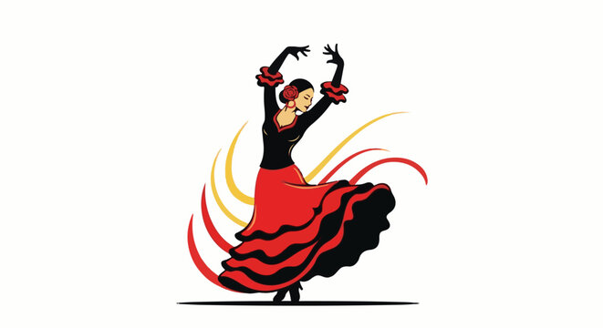 Stylized flamenco dancer in a red dress with black accents, dramatic pose