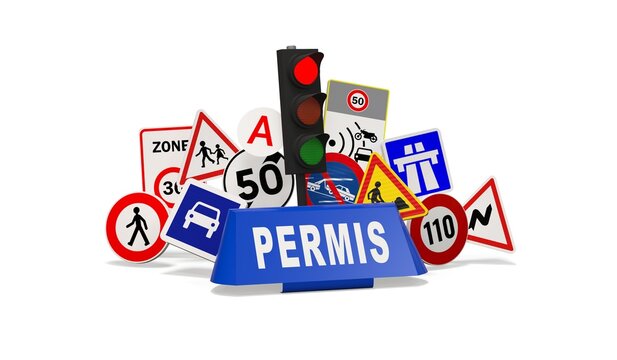Panneaux de Signalisation Routi&egrave;re et Enseigne de Toit Auto-&Eacute;cole sur Fond Blanc