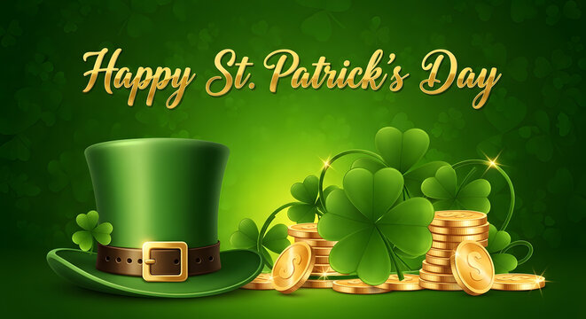 A st. patrick's day graphic with a green hat and gold coins