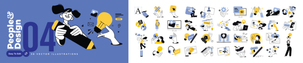 People and design. Vector illustrations of people in various graphic and web design development activities. Concepts for graphic and web design, social media, business and marketing material.