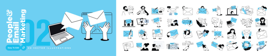 Obraz na płótnie Canvas People and email marketing. Vector illustrations of people in various communication and marketing activities. Concepts for graphic and web design, social media, business and marketing material.