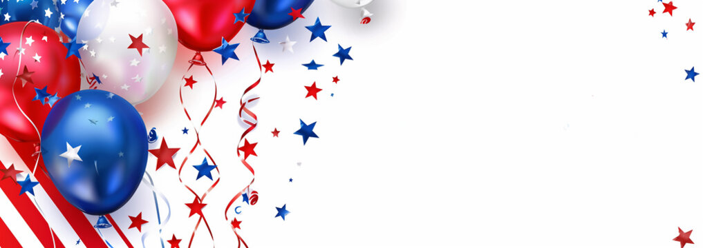 Ballons rouges, blancs et bleus avec rubans et confettis sur fond clair avec espace n&eacute;gatif copyspace, composition festive patriotique pour f&ecirc;te nationale au Royaume-Uni, en Norv&egrave;ge et en Islande