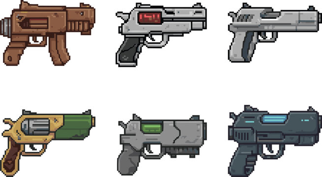 Pixel sci fi weapon set, retro 8bit guns collection, futuristic blaster icons vector illustration for game
