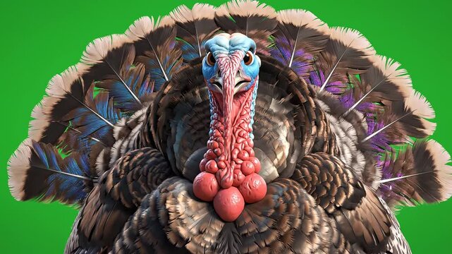 Turkey with colorful feathers on green background for commercial backgrounds, digital design, and advertising