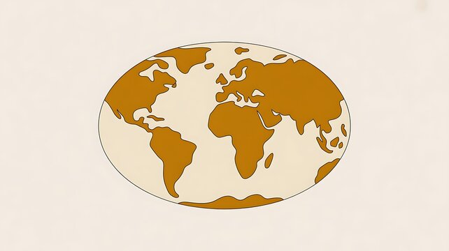 Oval shaped global map illustration showing all continents in brown color