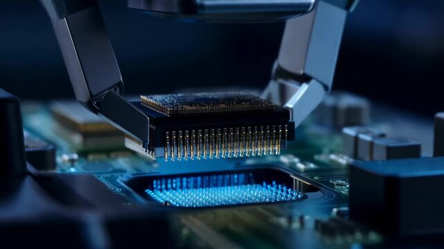 A close-up view of a microchip mounted on a motherboard, showcasing intricate circuitry and connections.