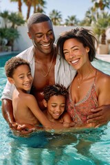 Fototapeta premium Smiling family enjoying a warm summer day together in a backyard pool, happy parents with children
