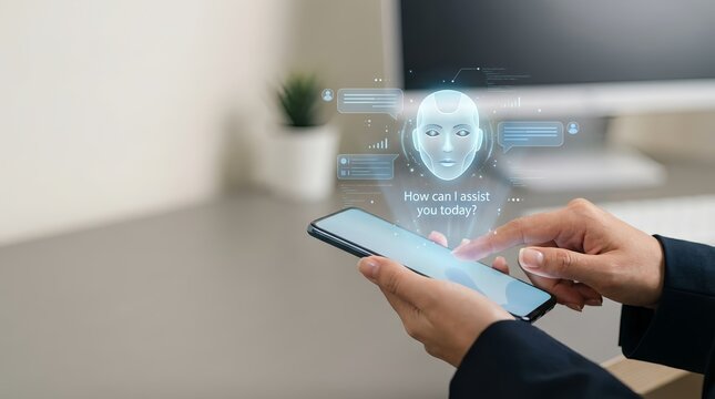 A person interacts with a smartphone featuring an augmented reality interface with a digital face and text.