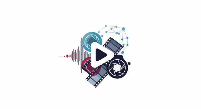 Multimedia creation concept play button, film, audio, and network graphics