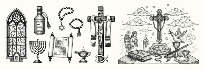 Obraz premium Vintage religious symbols engraving set featuring Christianity, Judaism elements, sacred ritual objects