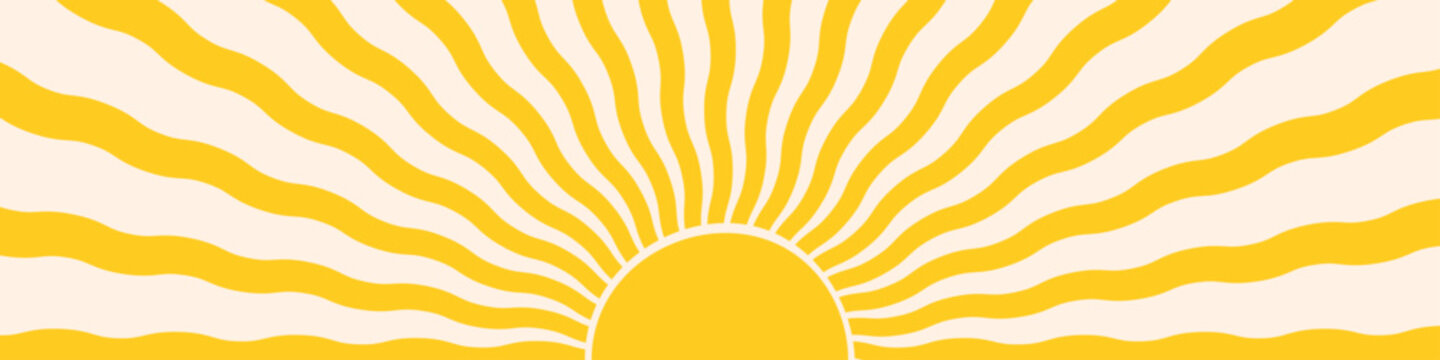 Groovy hippie retro sunny background. Abstract hand drawn doodle sunshine shapes in trendy childish naive art style. Contemporary summer poster banner vector template