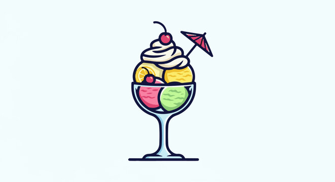 Colorful ice cream sundae with cherries and a tiny umbrella