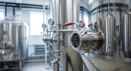 Fototapeta premium Stainless steel brewery fermentation tank valve pipe factory food tech alternative proteins processing line clean industrial plant with modern