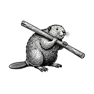 Beaver holding a tree branch tightly.
