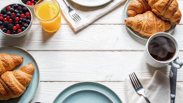 Breakfast table setting with croissants, fresh berries, orange juice, and coffee in a cozy kitchen environment