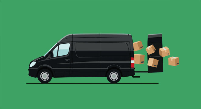Black delivery van with packages falling out from the back