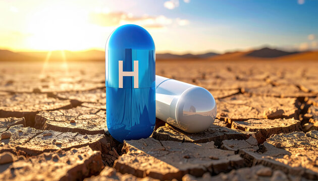 Hydrogen capsule energy concept renewable fuel potential on cracked desert ground at sunrise with warm light symbolizing sustainability