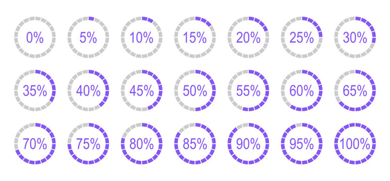 Round diagrams for infographics from 0 to 100 percent icons. Percentage infographics templates. Lilac, grey colour fill pizza, pie charts indicator element layouts. Circle graph loading progress bars.