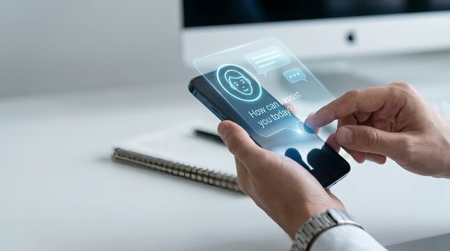 A person holding a smartphone with a digital interface on the screen in a modern office setting.