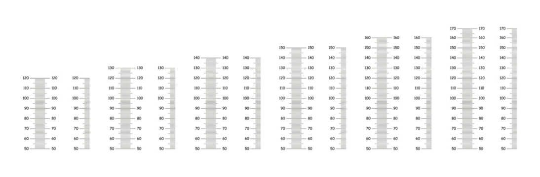 Stadiometer black scale from 50 to 120, 130, 140, 150, 160, 170 centimeters. Height meter template. Set of height charts growth sticker for wall. Markup for ruler mockup. Measuring scale layout.