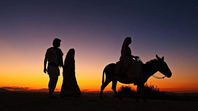 Silhouette of people with a donkey at sunset for environmental projects, nature documentaries, and commercials