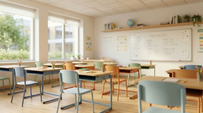 A bright, modern empty classroom with colorful desks, chairs, and a whiteboard, ready for learning.