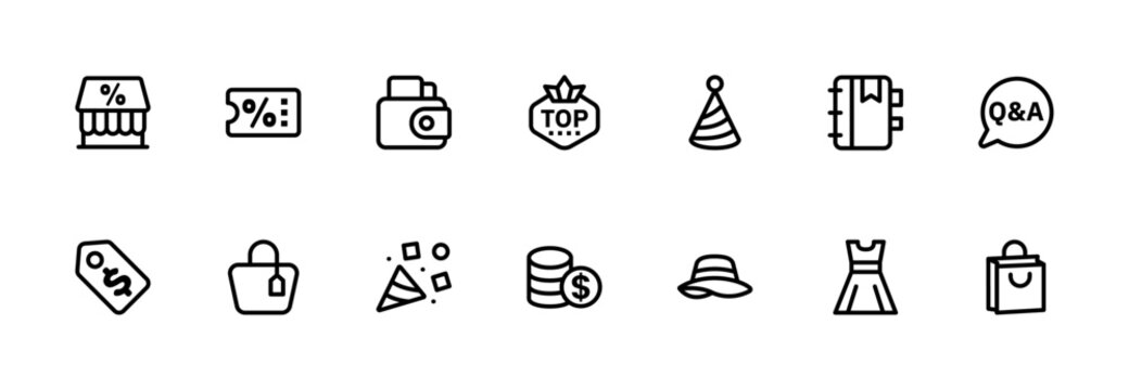 A minimal line icon set of shopping items designed for clean and simple UI, web and mobile applications, and general-purpose use.