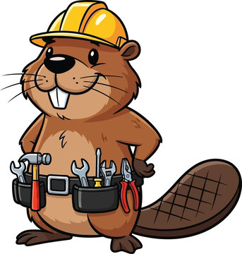 Cartoon beaver wearing a construction hard hat and tool belt with construction character wildlife illustration building industry engineer architect craftsman handyman mechanic equipment