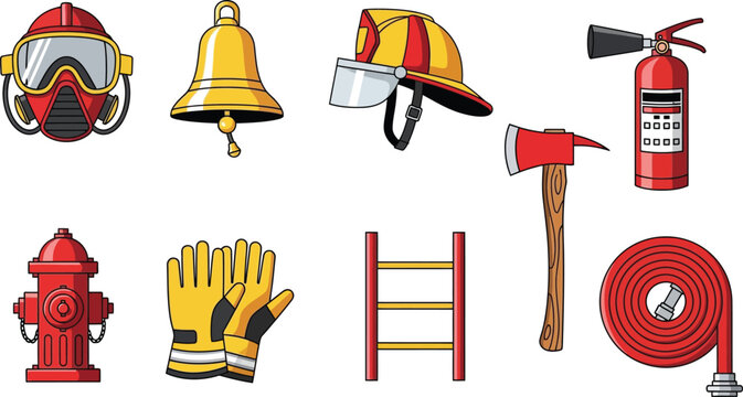 Collection of firefighter equipment and safety gear with firefighter equipment extinguisher protection emergency profession apparatus responders prevention industry collection illustration