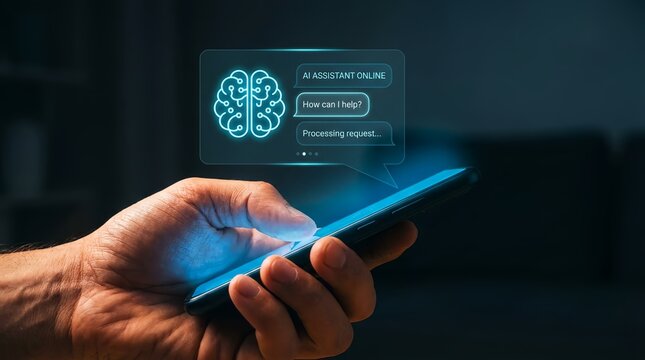 A person interacts with a smartphone displaying an AI assistant interface in a dark environment.