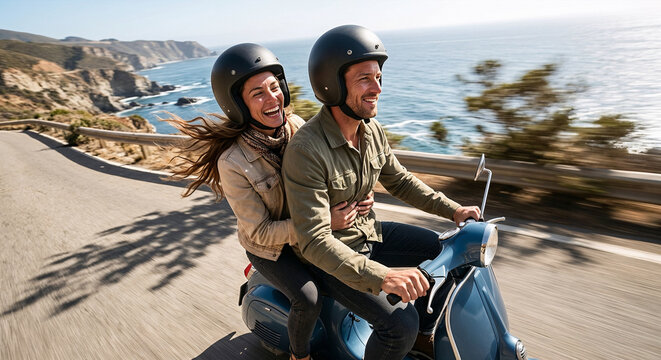 Happy couple wearing helmets riding a blue scooter along a scenic coastal road.