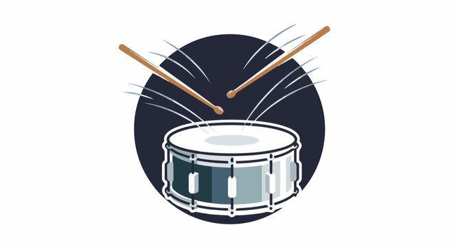 Drum with drumsticks, sound waves emanating from struck drum head
