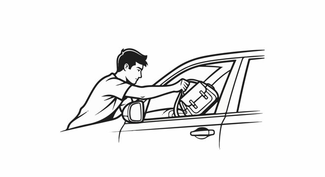 Man in t-shirt reaching into car to place bag on passenger seat