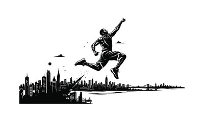 basketball dunk silhouette, basketball player silhouette vector, city skyline basketball silhouette, urban basketball vector illustration, street basketball silhouette, slam dunk vector silhouette, © Rasel