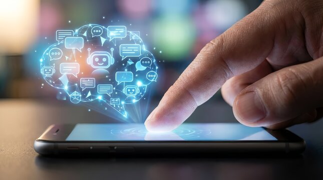 A hand interacting with a smartphone displaying a glowing blue brain icon with various chat and communication symbols.