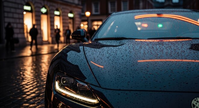 Sleek Black Car Illuminated in City Lights.
