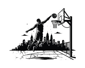 basketball dunk silhouette, basketball player silhouette vector, city skyline basketball silhouette, urban basketball vector illustration, street basketball silhouette, slam dunk vector silhouette, © Rasel
